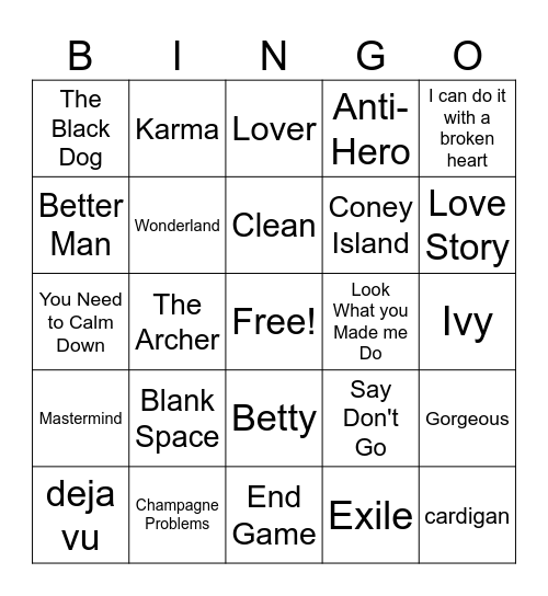 TSwift Bingo Card