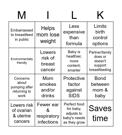 Thinking About Breastfeeding Bingo Card