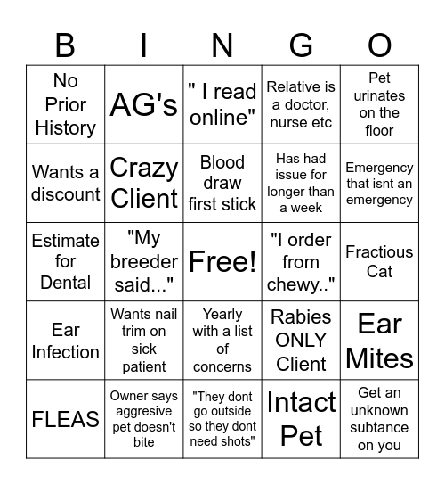 Vet Tech BINGO Card