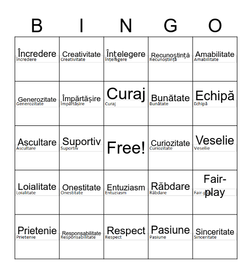 Valori Bingo Card