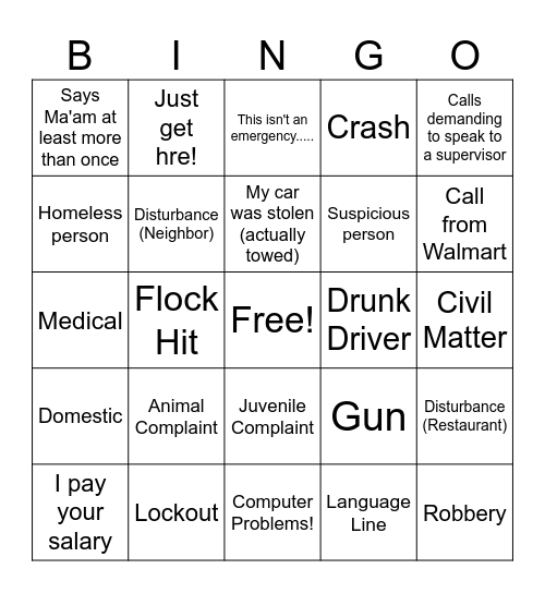 Dispatcher Bingo Card