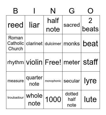Music History/Theory/Instruments Bingo Card