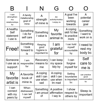 Life Skills Bingo Card