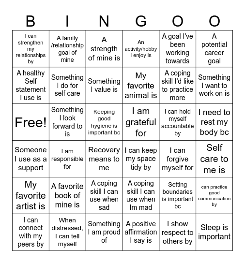 Life Skills Bingo Card