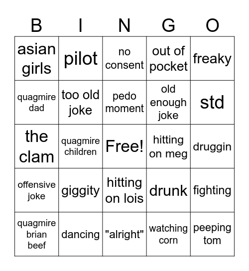 Quagmire bingo Card