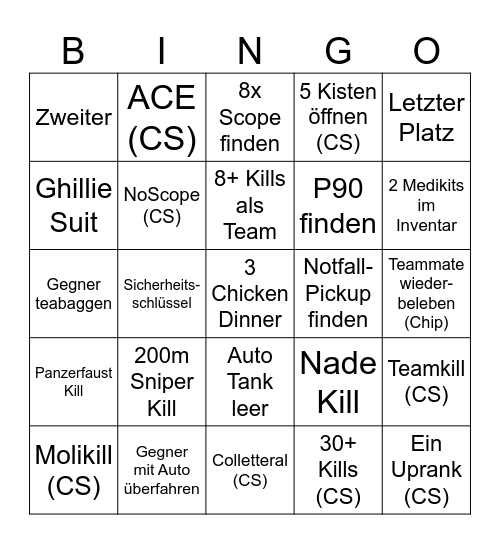 PUBG 12h Bingo Card
