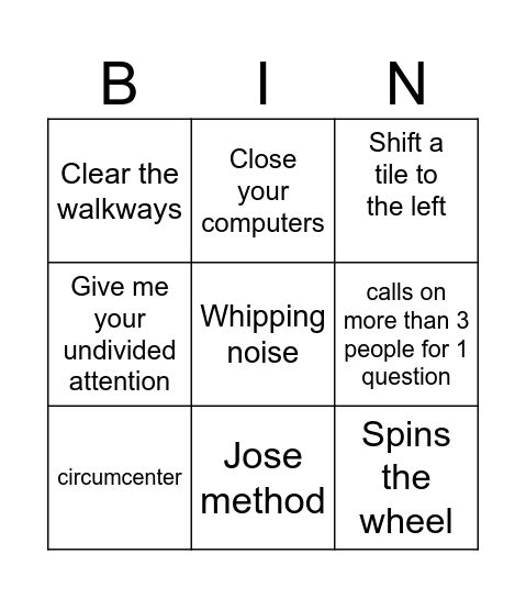 Hopkins Bingo Card