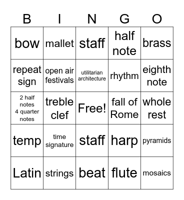 MUSIC history/theory/instruments Bingo Card