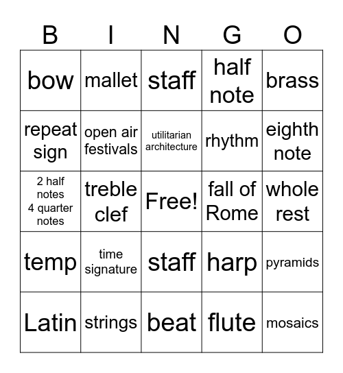 MUSIC history/theory/instruments Bingo Card
