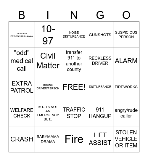911 dispatcher Bingo Card