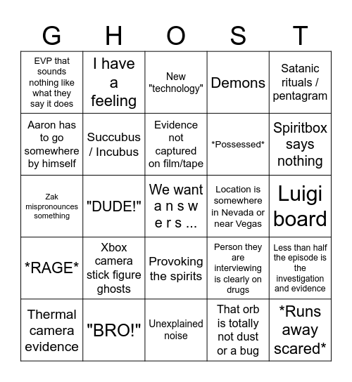 GHOST ADVENTURES Bingo Card