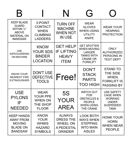 SAFER Bingo Card