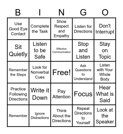 Listening and Following Directions Bingo Card
