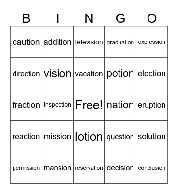 -tion/-sion Bingo Card