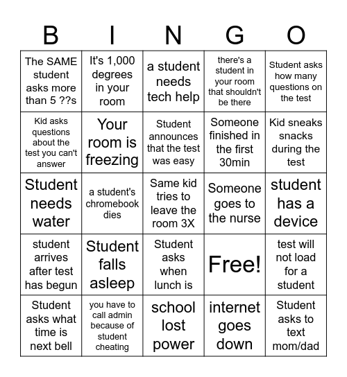 Exam Proctoring Bingo Card