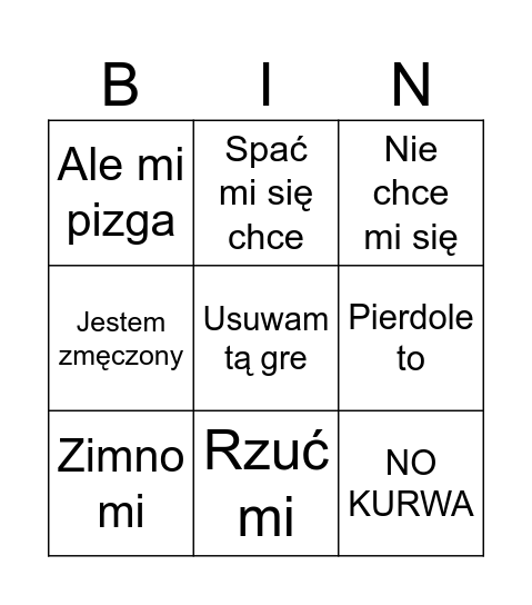 Punior Bingo Card