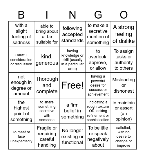 Vocabulary Bingo! Bingo Card