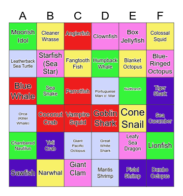 Aquatic Animals Bingo Card