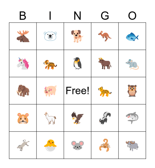 Animal Emojis Bingo Card