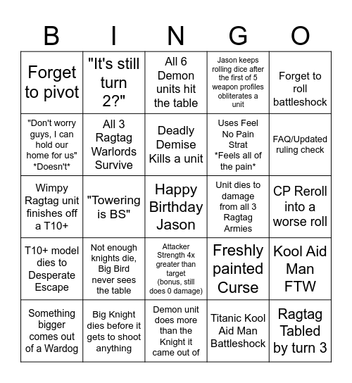Dragons v Ragtag Bingo Card