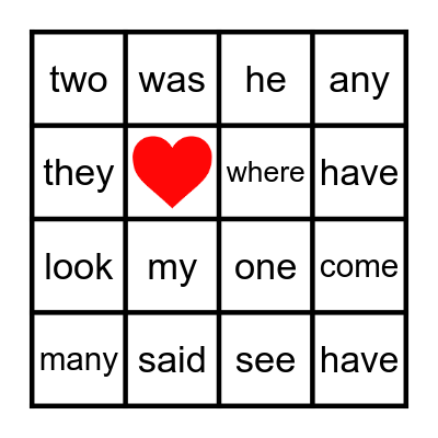 Heart Words Bingo Card