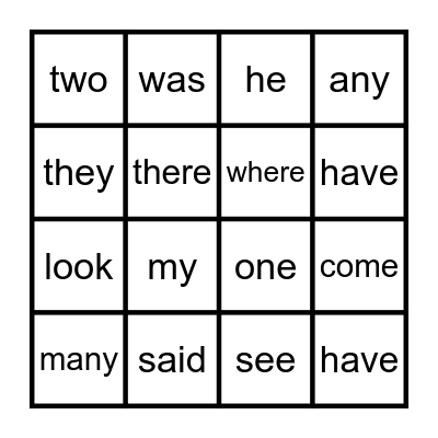 Heart Words Bingo Card