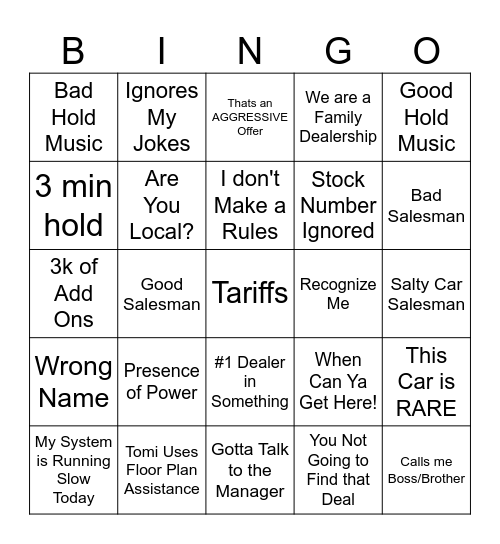 Black Out Bingo Card