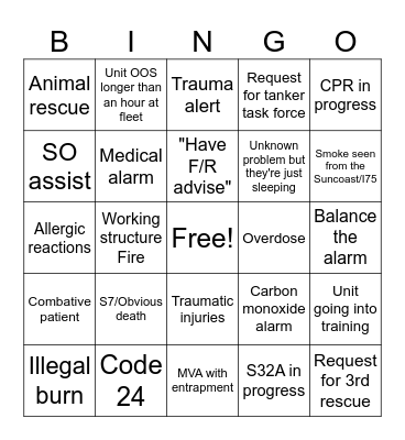 Fire Dispatch Bingo Card