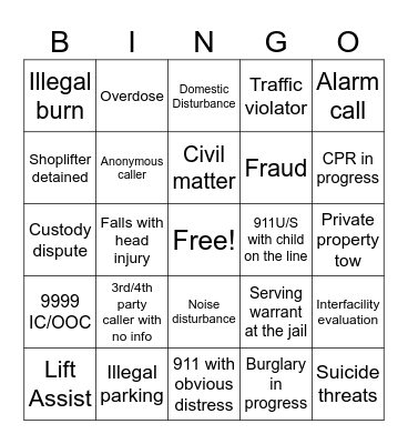 Call Taker Bingo Card