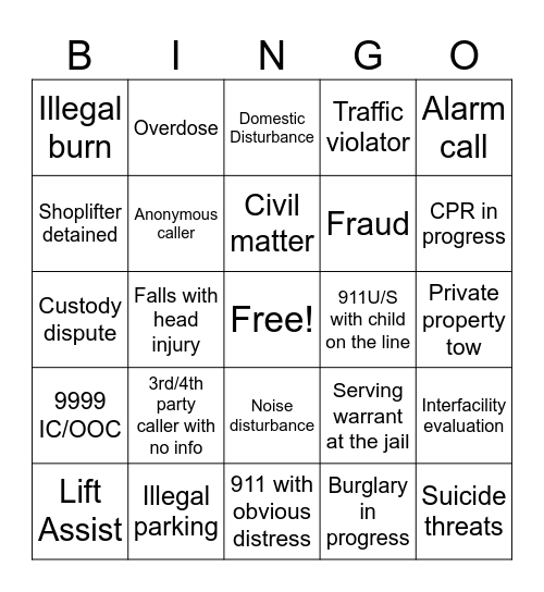 Call Taker Bingo Card