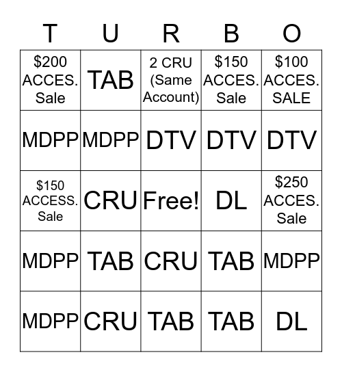 Team Turbo Bingo Card