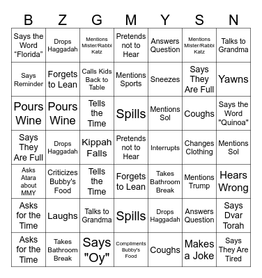 Zilbering Seder Bingo Card