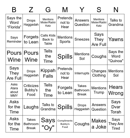 Zilbering Seder Bingo Card