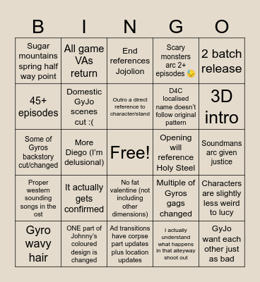 Steel Ball Run Bingo Card