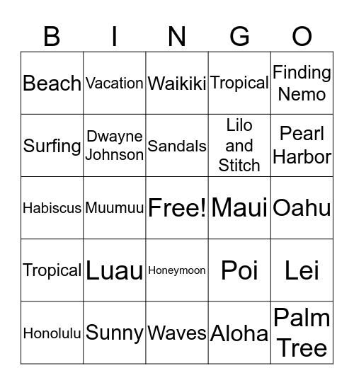 Hawaiian Bingo Card