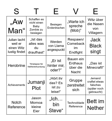 Minecraft Film Bingo Card