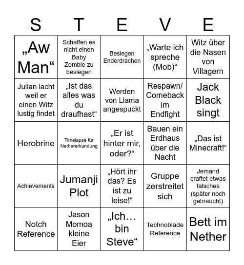 Minecraft Film Bingo Card