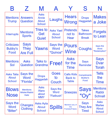 Zilbering Seder Bingo Card