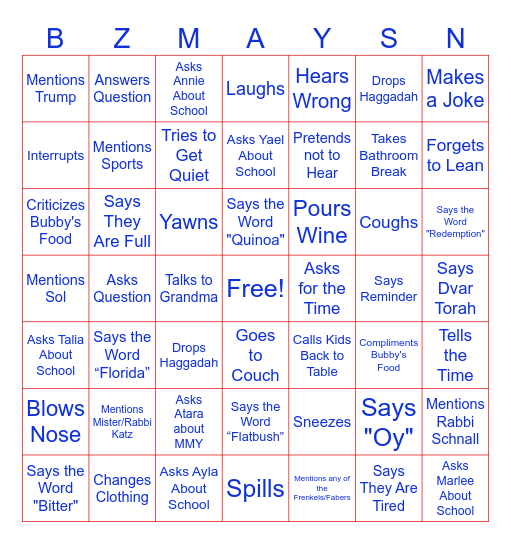 Zilbering Seder Bingo Card