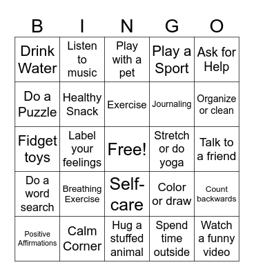 Coping Skills Bingo Card