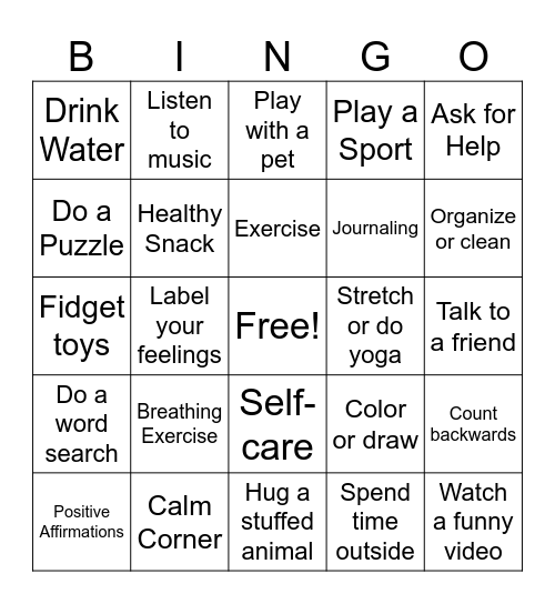 Coping Skills Bingo Card