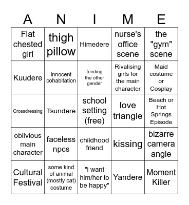 Bingo for Ecchi / Harem anime Bingo Card
