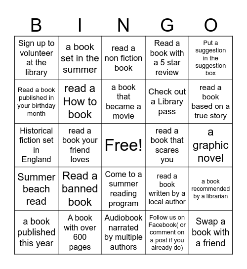 Adult Summer Reading Bingo Card