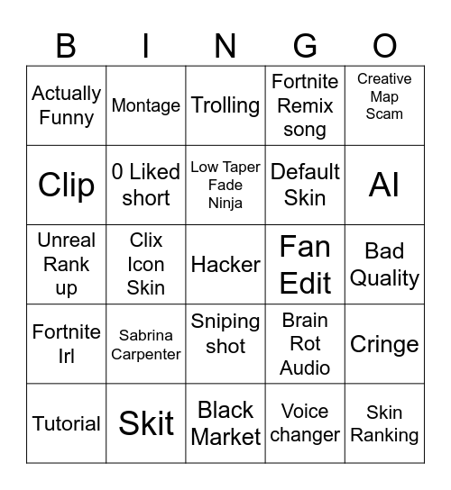 Fortnite Bingo Card