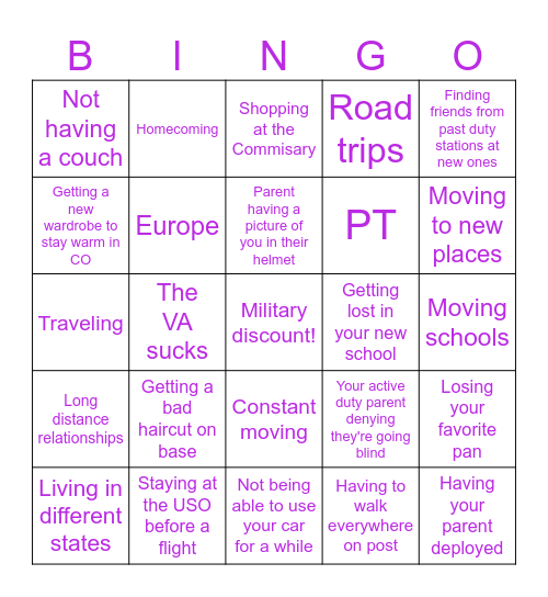 MILITARY CHILD BINGO Card