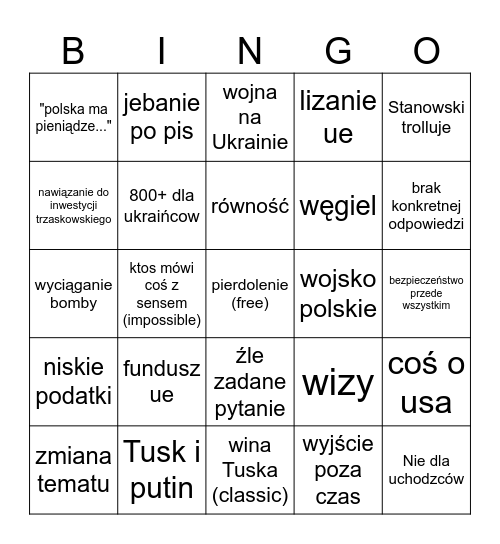PD debata bingo W in chat Bingo Card