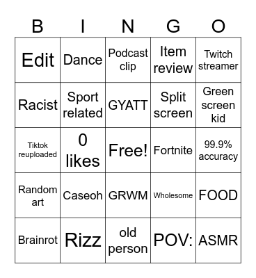 Youtube shorts bingo Card