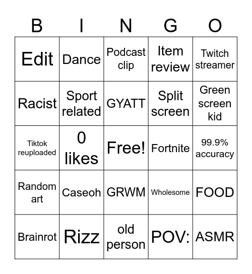 Youtube shorts bingo Card