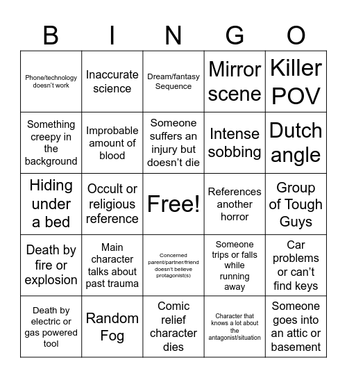 Horror Movie Bingo Card
