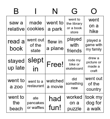 Spring Break Bingo Card